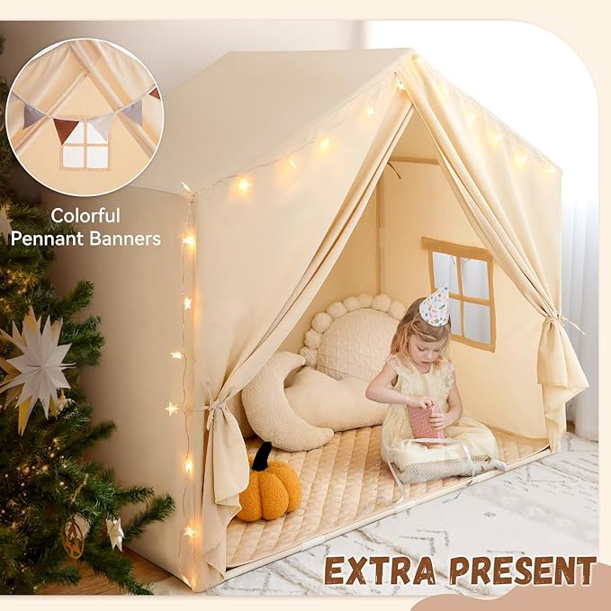 Kids Play Tent with Padded Mat, Play Tent for Toddlers, Large Kids Tent Indoor Playhouse, Play House Tent Princess T Play Cottage for Girls Toy House Birthday Gift