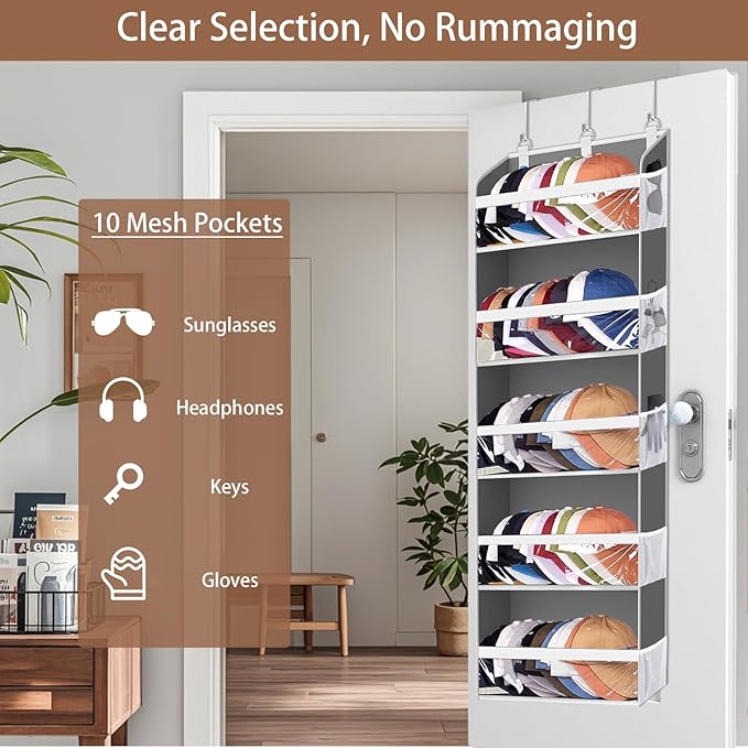 KYEVIS Over the Door Hat Organizer & Rack - Holds 60 Baseball Caps, Hat Storage for Closet Door Wall with 10 Clear Mesh Pockets, Grey
