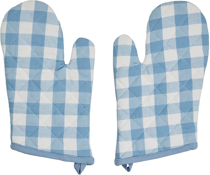 VHC Brands Cotton Oven Mitt Set of 2, Heat Resistant, Baking Glove Pot Holder, Kitchen Mitts, Annie Buffalo Check Collection, 12.5x8, Dusk Blue & White Checkered