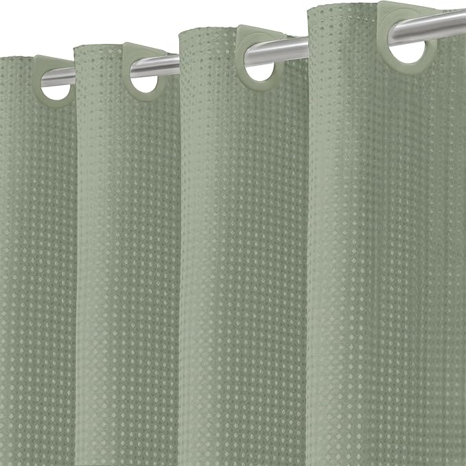 Inhousolu No Hook Waffle Weave Shower Curtain with Removable Snap in Fabric Liner Set for Bathroom, 230 GSM Heavy Duty Weighted Hem, Water Repellent Washable Bath Curtains, 60 x 72 Inch, Sage Green