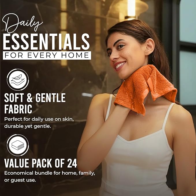 RIVERSIDE 24 Pack Washcloths Set - 100% Cotton [12x12 Inches] - 500 GSM, Soft, Quick-Dry & Highly Absorbent Face Towels - Perfect for Bathroom, Gym, Hotel, Spa & Travel - Orange