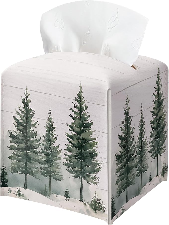 Winter Pine Tree Tissue Box Holder, Christmas Tree Leather Tissue Box Cover Square with Bottom Belt, Paper Facial Decorative Tissues Cover for Night Stands Bathroom Kitchen Office Home Decor-B21