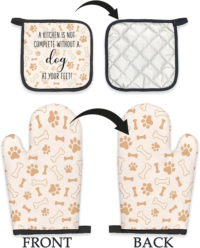 Dog Oven Mitts and Pot Holders Sets, Dog Lover Gifts for Women, Dog Paw Kitchen Accessories Sets, Complete Without a Dog at You Feet Heat Resistant Oven Glove Potholders for Kitchen Baking