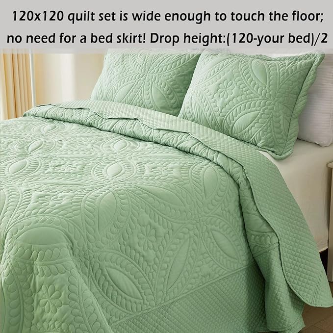 Cmfshape Oversize King Bedspread 120"x120",3 Piece California King Quilt Set,Lightweight Green Bed Quilt Set for All Season,Modern Geometric Pattern Quilt Bedding Set