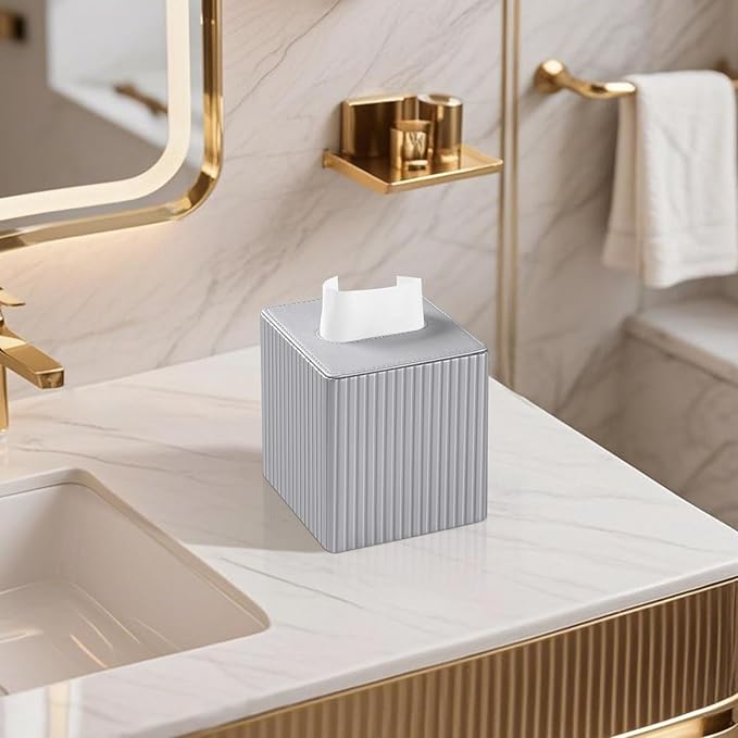 MEIBOOCH PU Leather Tissue Box Cover Square, Rectangle Tissue Box Holder with Magnetic Closure, Decorative Tissue Holder for Bathroom Bedroom Office (Silver, Square)