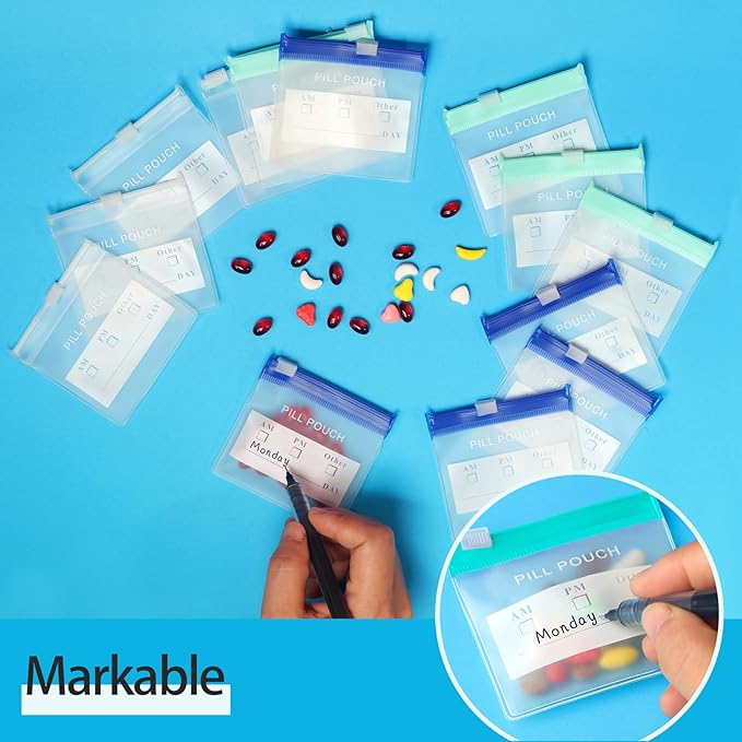 18 Packs Color Pill Pouch Bags 12mil 3 x 2.75 Inch bpa-Free, Frosted Clear EVA Materials, Heavy-Duty Thick Plastic Bags, Seal Zipper for Travel Medicine Organizer, Jewelry, Small Craft Pieces-Blue