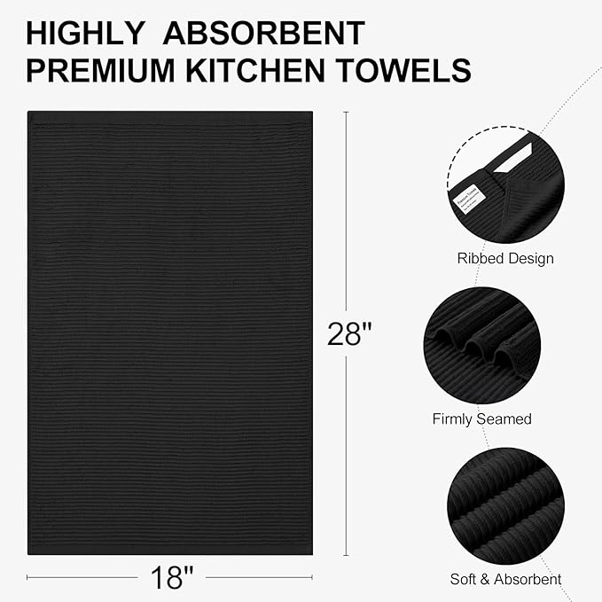 Homaxy Premium Kitchen Towels (18"x 28", 6 Pack), Large 100% Cotton Kitchen Hand Towels, Ultra Absorbent Ribbed Terry Tea Towels Set with Hanging Loop, Black