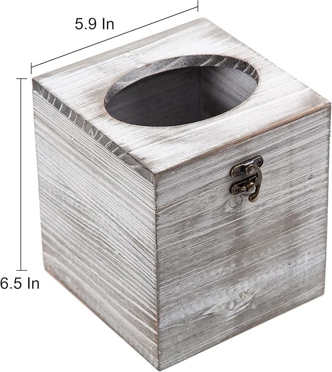 Distressed Farmhouse Square Solid Wood Tissue Box Cover with Slide-Out Bottom Panel Honey Brown Tissue Box Holder for Bathroom Living Room Dining Room Bedroom Toilet (Grey White)