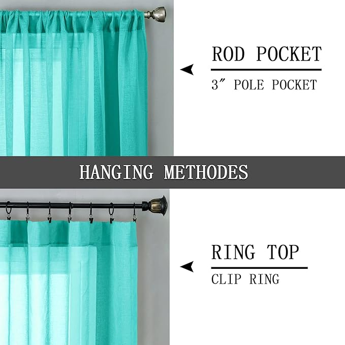 Tollpiz Sheer Curtains Linen Textured Bedroom Curtain Sheers Light Filtering Rod Pocket Voile Curtains for Living Room, 54 x 63 inches Long, Aqua Blue, Set of 2 Panels