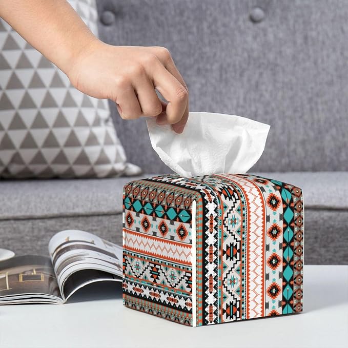PVC Tissue Box Cover Holder,Aztec Square Decorative Organizer,5.2"X5.2"X5.2" Tissue Case for Bathroom, Tabletop, Car, Office