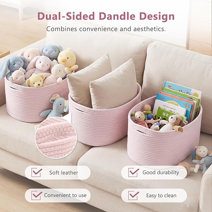 ECDYQXVU Cotton Rope Storage Basket, 15x10x9 Inches, Woven Basket for Shelves, Clothes, Towels, Books, and Laundry, Light Pink (1 Pack)