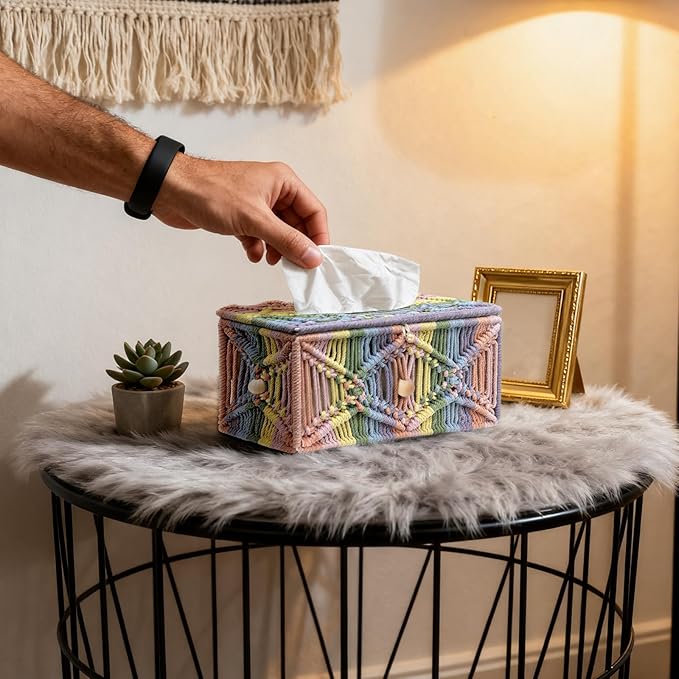 KaloKalo Handmade Tissue Box Cover Rectangle Decorative Macrame Boho Tissue Holder Cotton Rope Woven Napkin Facial Paper Organizer Bohemian Desk Storage Container with Buckle Wood Beads (Rainbow)
