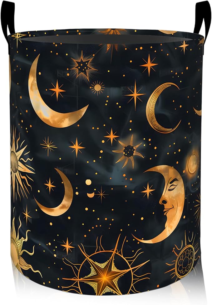 ainori Moon and Sun Laundry Basket, Oxford Cloth Mystical Dreamy Dirty Clothes Collapsible Hamper for Room Decor, Star Celestial Print Gifts Toy Organizer 19.7 * 15.8 Inch for Bedroom Bathroom Dorm