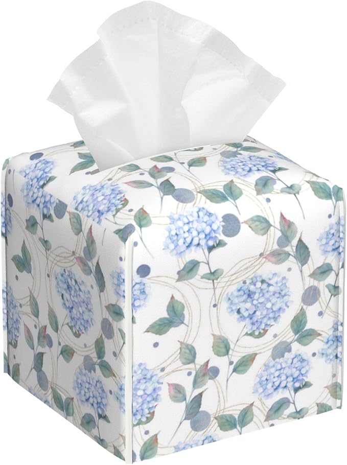 OHEGBXE Contemporary Floral Tissue Box Cover Holder Cube Facial Paper Organizer Dispenser, Abstract Hydrangea Flower, Square, PVC Leather, 5.2"L x 5.2"W x 5.2"H