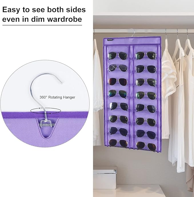 ANZORG Dual Sided Hanging Sunglasses Organizer Wall Eyeglass Holder Sunglass Rack for Home with 32 Dust Proof Pockets (32 Pockets-Purple)