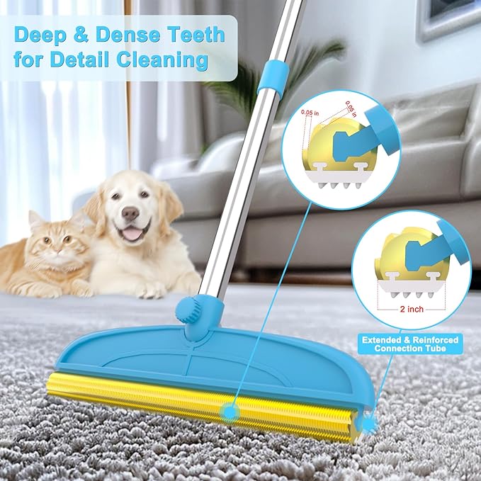 WOSWOK Carpet Rake for Dog Hair Remover: 2 in 1 Reusable Pet Hair Remover – 60‘’ Adjustable Long Handle Carpet Removal Tool for Dog Cat Human Hair – Carpet Scrape Cleaning for Rug Couch Bed