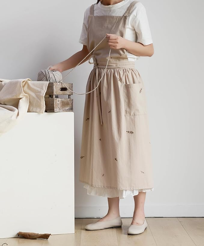 Japanese apron Women-Cross Back Apron for Women with Pockets, Pinafore Aprons, Womens Cotton Linen Apron