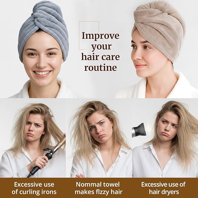 HFZRZFH 3 Pack Plush Yarn Hair Towel Wrap for Women, Super Absorbent & Quick Drying Turban, Anti Frizz Head Towel for Long, Thick, Curly Hair with Secure Button