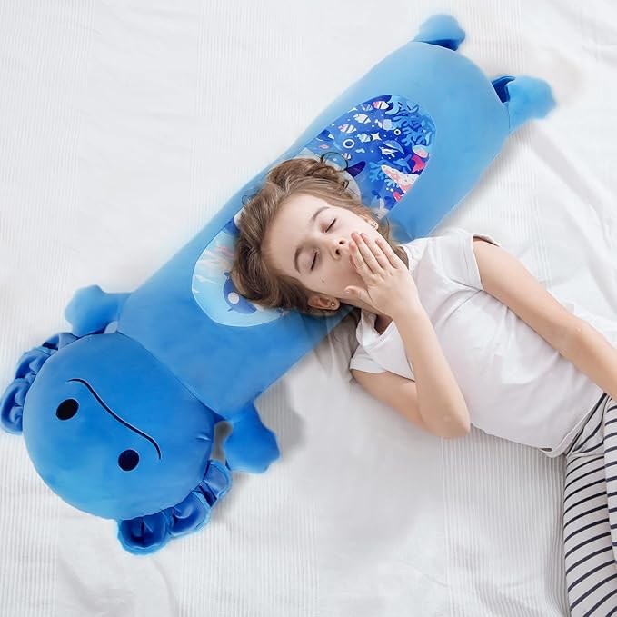 36 inch Long Axolotl Plush Body Pillow, Giant Cute Blue Ocean Axolotl Stuffed Animals, Big Salamander Squishy Soft Plushies Toy, Gifts for Kids Girls and Boys, Birthdays, Halloween, Christmas