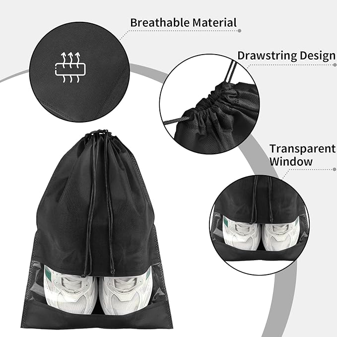 12 Pack Large Shoe Bags for Packing with Clear Window, Dustproof Drawstring Travel Shoe Storage Bags for Men & Women, Black