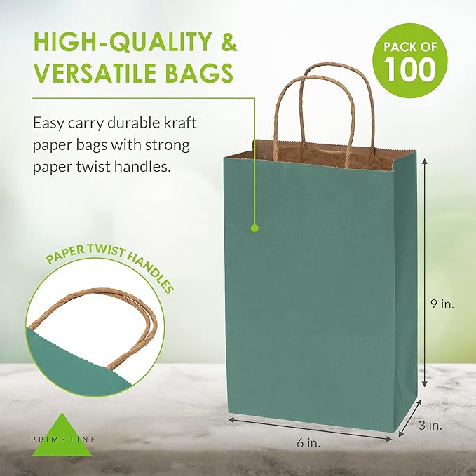Prime Line Packaging Mini Green Gift Bags with Handles, Kraft Paper Shopping Bags for Treats, Goodies, Party Favors, Christmas, Holidays, Bulk, 6x3x9, 100 Pack