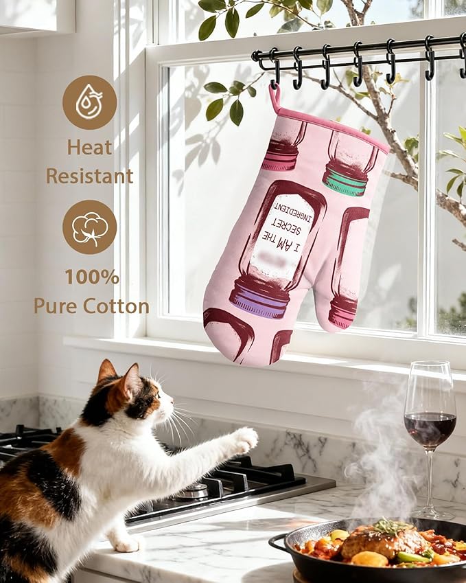 Slohif Funny Oven Mitt Heat Resistant for Women - 2 Pack Pink Cute Novelty Cool Kitchen Oven Mittens with 100% Cotton for Baking and Cooking Accessories