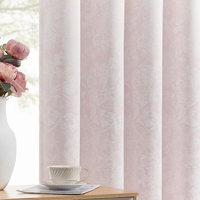 Beauoop Pink Floral Jacquard Blackout Curtains 72 Inches Long 2 Panels for Bedroom Living Room Chenille Flower Room Darkening Thermal Insulated Soundproof Grommet Window Treatments Drapes, 52x72
