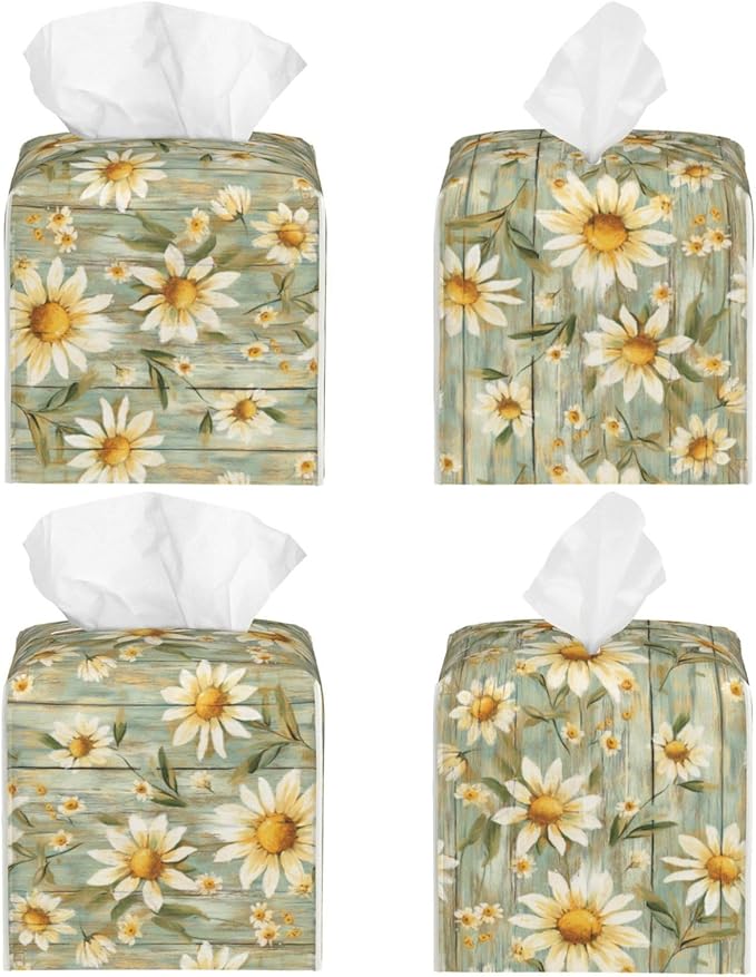 PVC Tissue Box Cover Holder,Daisy Square Decorative Organizer,5.2"X5.2"X5.2" Tissue Case for Bathroom, Tabletop, Car, Office