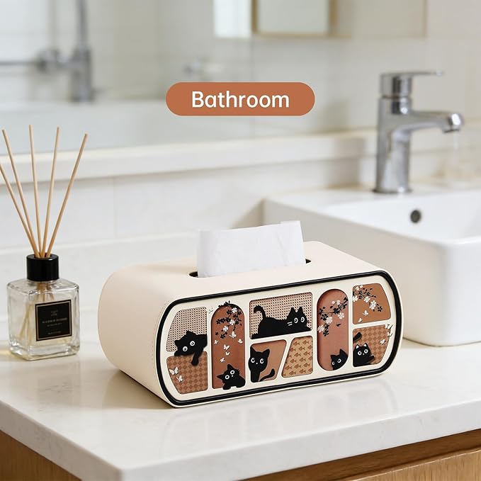 MEIBOOCH Cat-Themed Tissue Box Cover Rectangle, Stylish Tissue Holder for up to 4 Inches High Boxes, Curved Edge Tissue Box Holder (Beige)