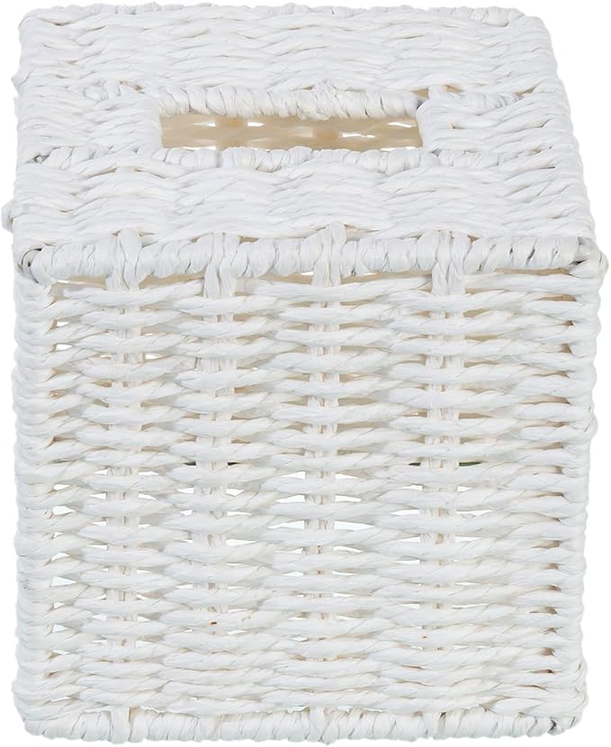 MyGift Decorative White Woven Square Tissue Box Holder with Easy Open Refill Bottom, Bathroom Decor Facial Tissues Cover with Sturdy Paper Rope Material