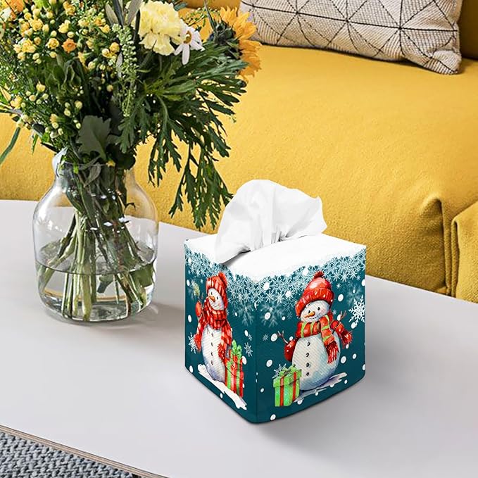 Tissue Box Cover Square Decorative Tissue Box Holder Cute Funny Cube Tissue Case Cover-Xmas Decor Christmas Snowman Tissue Box Cover