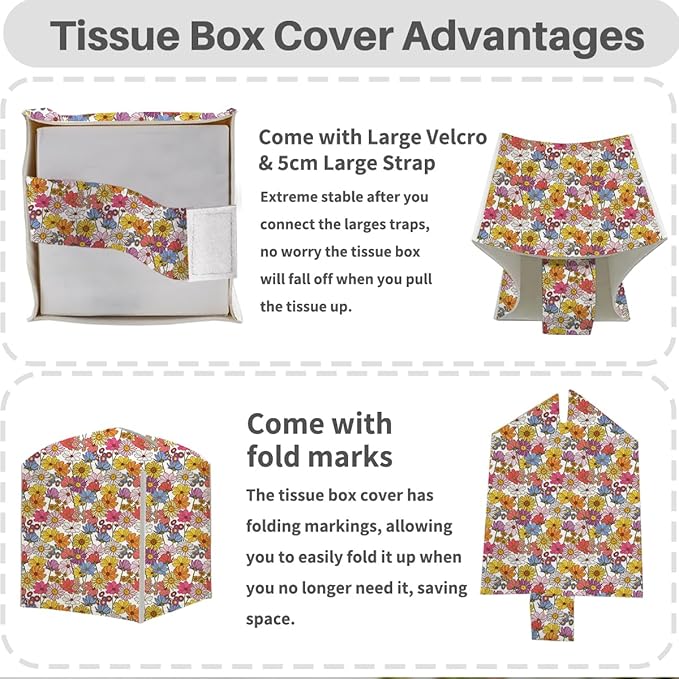 Tissue Box Cover, Tissue Box Holder, Square with Belt Bottom, PU Leather Decorative Organizer for Desk, Tabletop, Countertop Bathroom, Toilet Car, Office, Dresser Bedside, Aesthetic Flower Decor