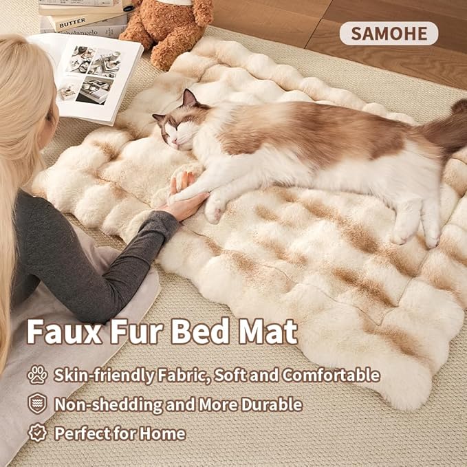 SOMAHE Cat Bed Ultra Soft Plush Machine Washable Pet Mat with Non-Slip Rubber Bottom for Indoor Cats & Dogs Faux Fur Cushion Pad for Floor Couch Carrier for Kittens & Puppies 23 x 15 Inch Medium Camel