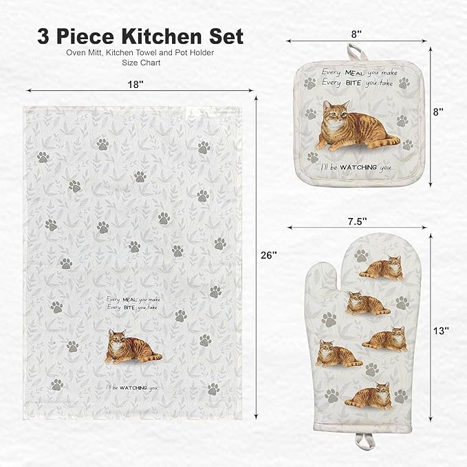 Tabby Orange cat 3-Piece Kitchen Set - Oven Mitt, Pot Holder & Kitchen Towel Set, Heat Resistant up to 420 F, Soft Quilted Cotton for Cooking, Baking, BBQ, Pet Lover Gifts (Tabby Orange Cat)