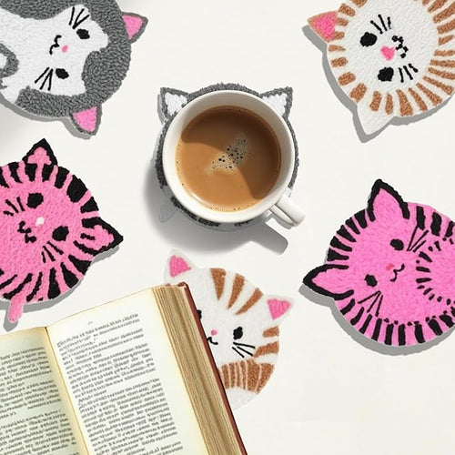57lilina Punch Needle Coaster Kit for Adults Beginners, 6 Set Complete Animal Cat Punch Needle Stitching Embroidery Art Kit, Step-by-Step Guide Make Punch Needling Drink Coasters for Starter