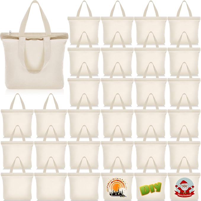 Silkfly 30 Pcs Canvas Tote Bags Bulk 16.5x13.4'' Blank Cotton Canvas Bag with Zipper Handles Reusable Plain Grocery Makeup Handbag for DIY(Beige)