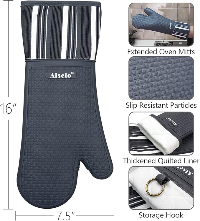 Silicone Oven Mitts Heat Resistant 550 Degree Extra Long Kitchen Gloves Pot Holders with Waterproof and Non-Silp for Baking Cooking Barbecue Microwave Machine Washable (Extra Long Grey, 2)