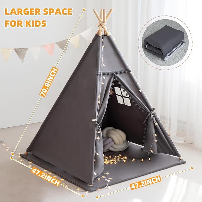 RONGFA Teepee Tent for Kids with Mat, Star Lights, Carry Case, Cotton Canvas Playhouse, Foldable Tents, Portable Children Play Tent Indoor Outdoor(Grey)