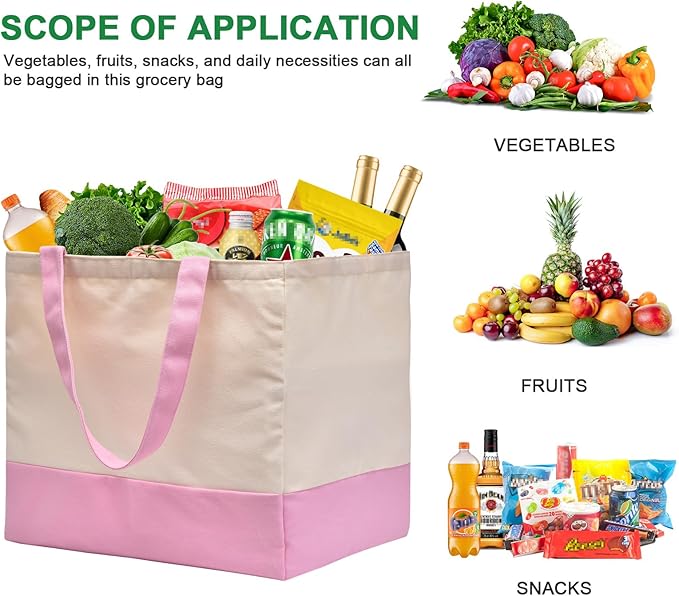 CNaiyunpin 3 Pack Canvas Reusable Grocery Bags Heavy Duty, 8.3 gal Foldable Large Tote Bag with Handles, Holds 60 lbs Canvas Shopping Bags & Washable Eco-friendly Bags with 5 Pockets, Pink+Off white