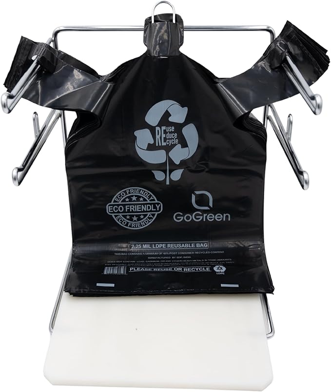 ASSUREPAK Black Reusable/Eco-Friendly LDPE T-Shirt - 1/6 BBL 11.5"X6.5"X21" - 200 Bags - 57 Micron (2.25 mil) - Black - BLKLD40REC225REUSE1221
