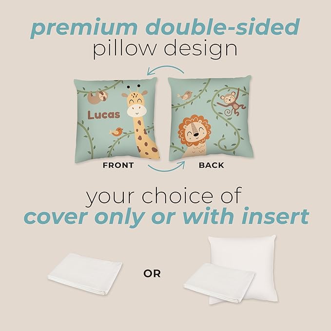 Prints Next Day – Kids Custom Safari Throw Pillow - 16" x 16" - Double-Sided Printing - Cover Only - Kids Personalized Bedroom Accent Pillow with Name - Nursery Decor - Printed in USA