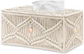 KaloKalo Handmade Tissue Box Cover Rectangle Decorative Macrame Boho Tissue Holder Cotton Rope Woven Napkin Facial Paper Organizer Bohemian Desk Storage Container with Buckle Wood Beads (Ivory)