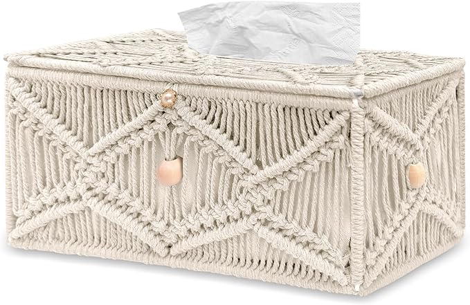 KaloKalo Handmade Tissue Box Cover Rectangle Decorative Macrame Boho Tissue Holder Cotton Rope Woven Napkin Facial Paper Organizer Bohemian Desk Storage Container with Buckle Wood Beads (Ivory)