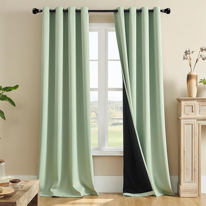 Rutterllow 100% Blackout Curtains 2 Panels, Full Shade 90 Inches Long Complete Drapes for Living Room, Thermal Insulated Bedroom Window Treatment Drapes (Sage Green, 52Wx90L)
