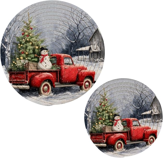 Boccsty Winter Red Truck Trivet Mat 2PCS Snowflake Christmas Tree Dog Cardinal Bird Round Woven Potholders Kitchen Table Countertop Protector Hot Pads Farmhouse Coasters Counter Mats for Cooking Baki