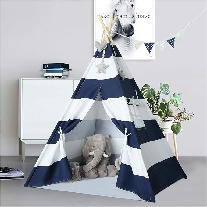 Ukadou Kids Teepee Tent for Boys Navy White Stripe Teepee Tent Indian Canvas Tents for Toddlers Indoor Playhouse Play Tent for Kids