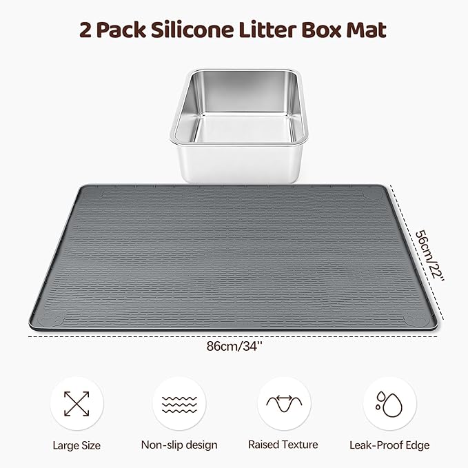 Bartuke Cat Litter Mat, 2 Pack Large 34" x 22" Silicone Mat Litter Trapping Mat for Scatter Control, Soft on Kitty Paws, Easy to Clean (Dark Grey)