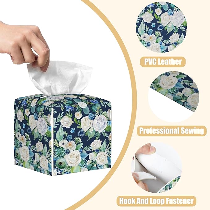 BLYKVGHQ Botanical Leaves Square Tissue Box Cover Watercolor Flowers Tissue Box Holder Facial Cube Paper Dispenser Leather Decorative Organizer Home Office Desk Decor, 5.2"x5.2"x5.2"