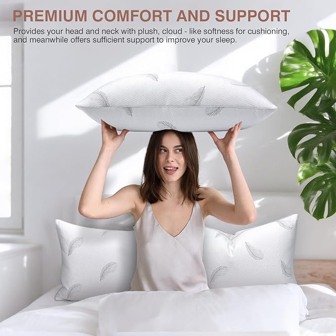 zibroges Goose Feather Pillows Bed Pillow - Hotel Down Pillows Queen Size Set of 2, Fluffy Support Surround Fill Polyester for Back, Stomach, Side Sleepers, Breathable & Soft Bed Pillow for Sleeping