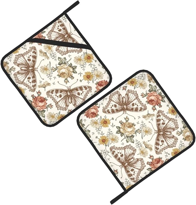 2-PC Retro Butterfly and Flowers Pot Holders, Heat Resistant Hot Pot Pads for Kitchen Camping, Non-Slip Grip Pad Holder with Three Layers Soft Fabric (Beige)